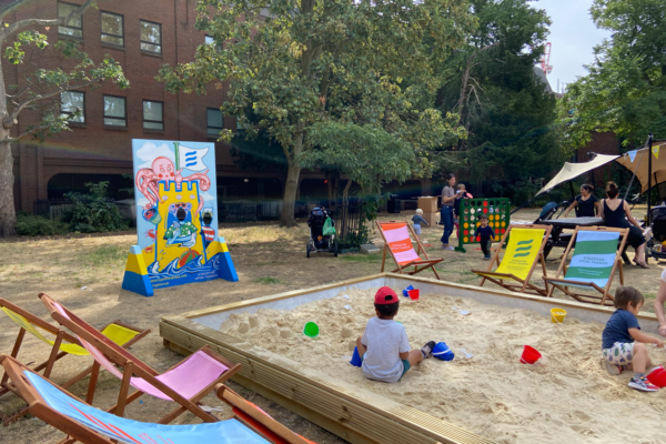 sandpit and deckchairs in memorial gardens kingston
